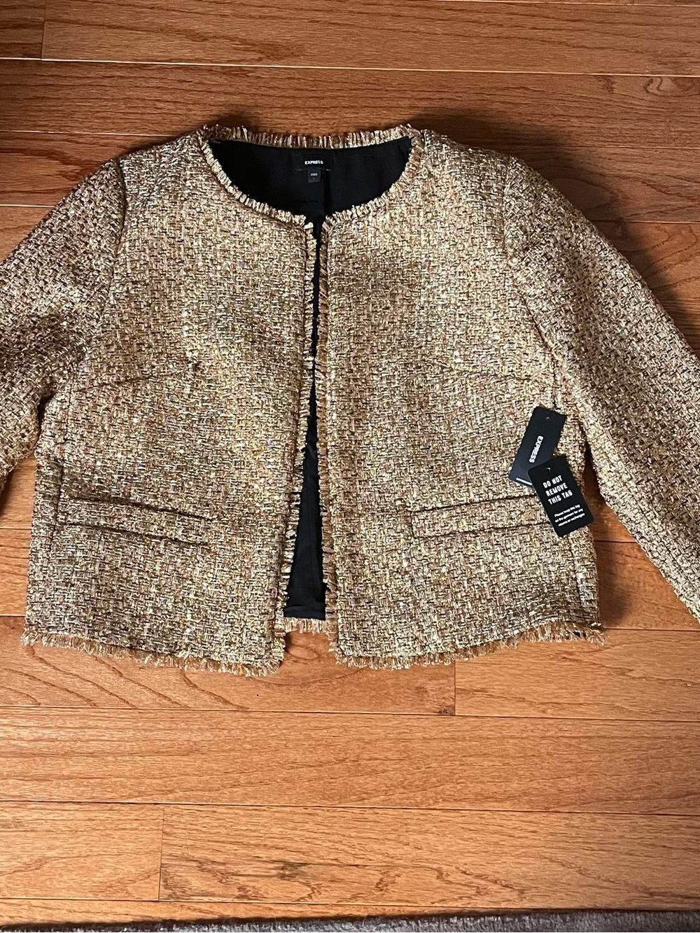 Express Gold Tweed Fringe Cropped Jacket Sequins Size L NWT